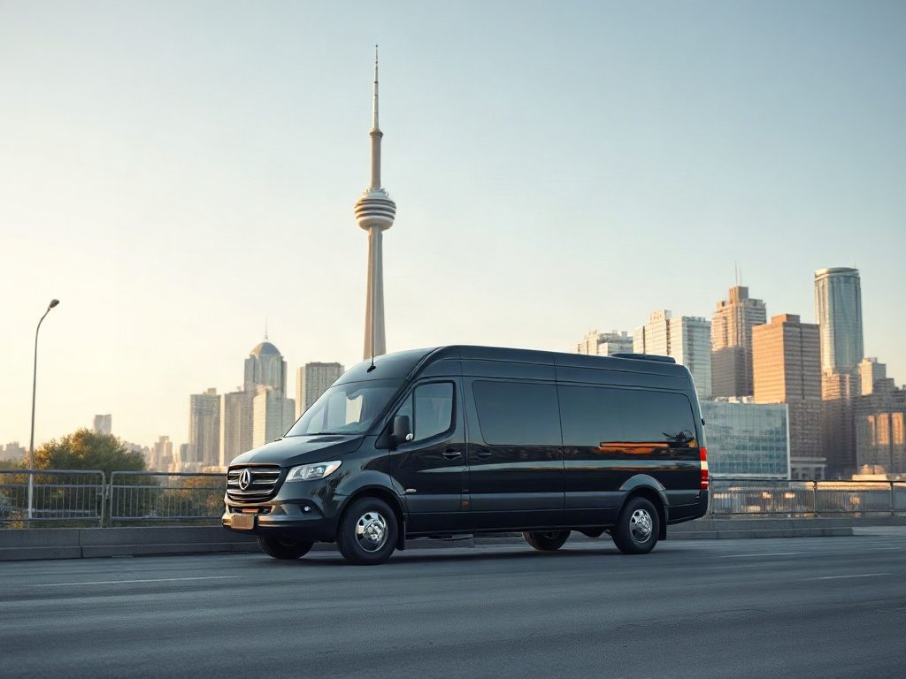 A black luxury executive shuttle parked near a single CN Tower in downtown Toronto Ontario.
