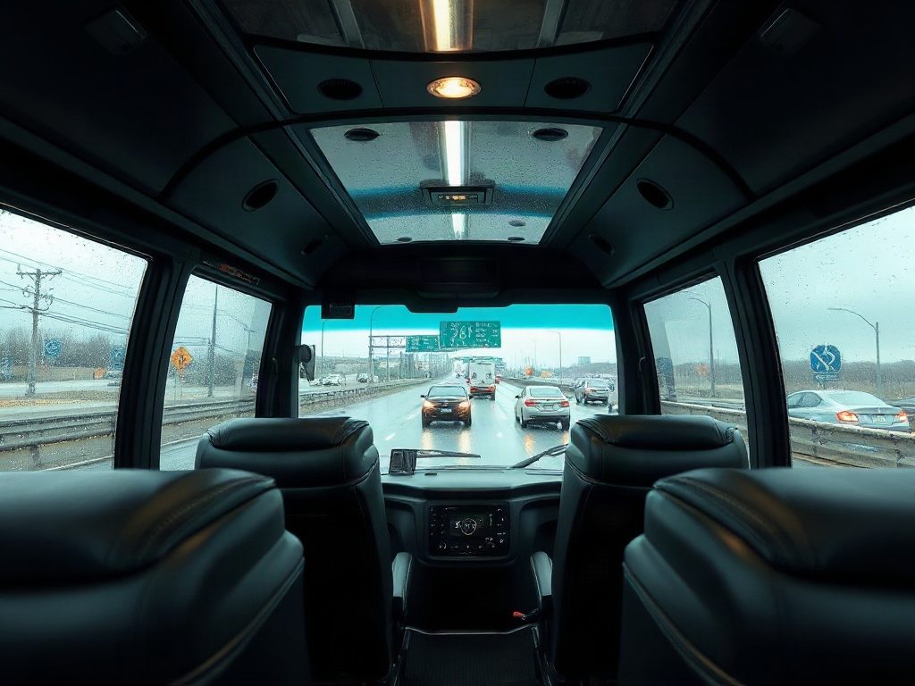 The interior of a black luxury shuttle looking out onto a single Gardiner Expressway.