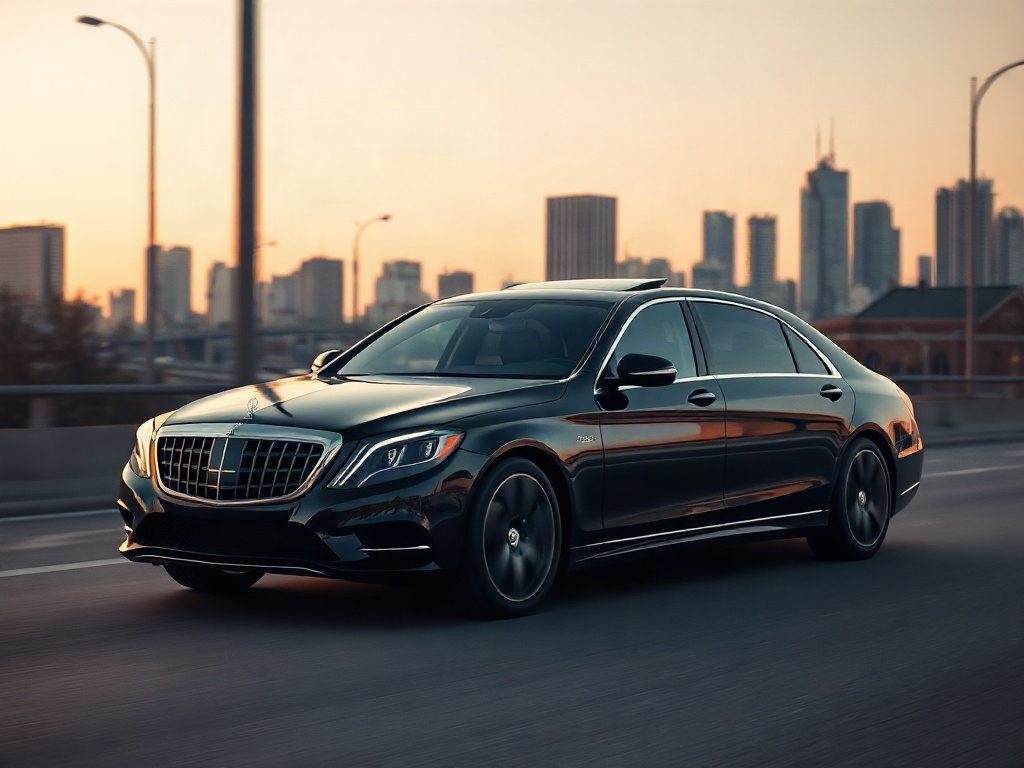 A black luxury sedan driving fast along a highway with a city skyline at sunset