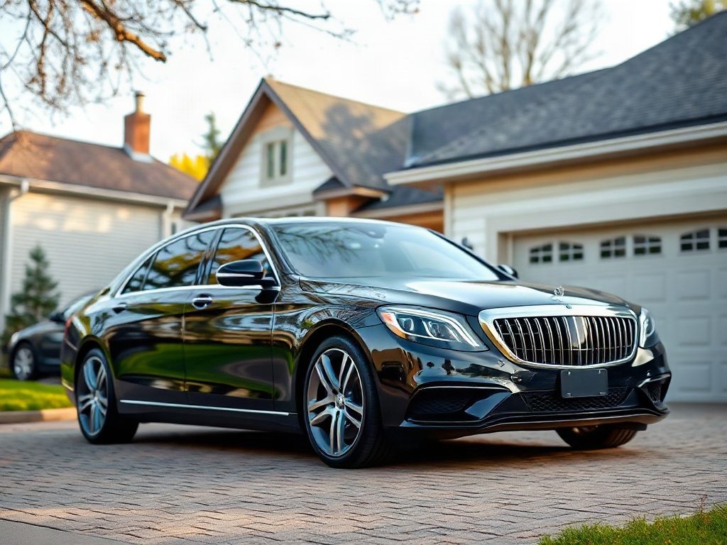 A black luxury sedan parked on a stone driveway in front of a suburban house