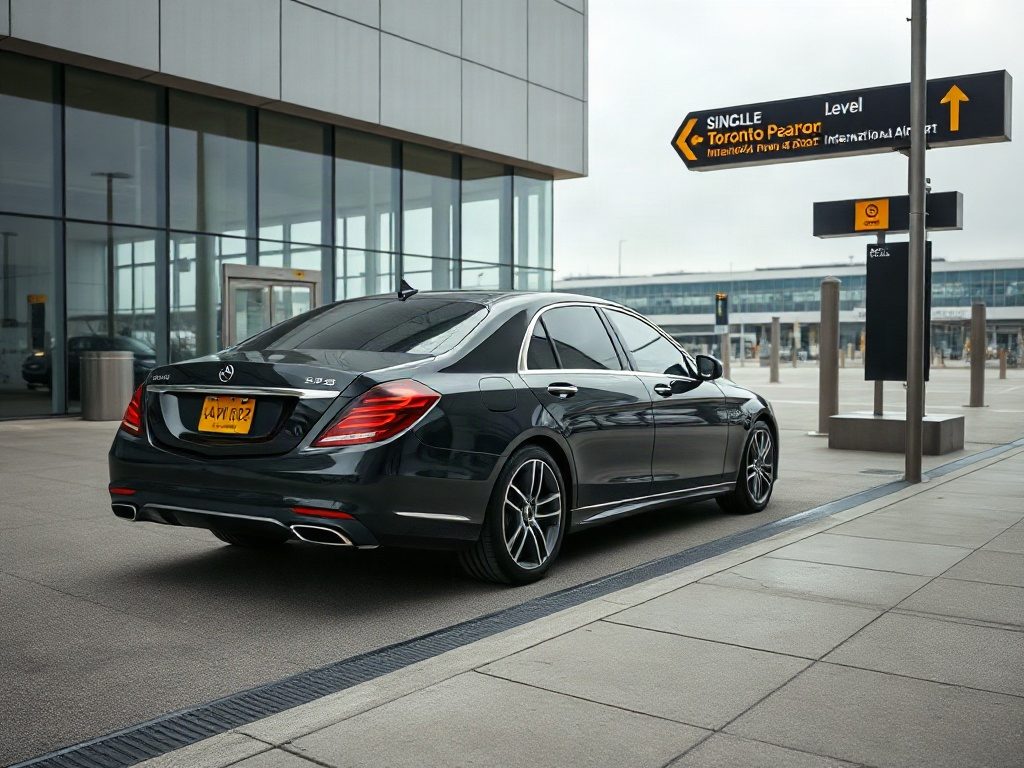 A black sedan arriving at the curbside terminal at a single Toronto Pearson International Airport.