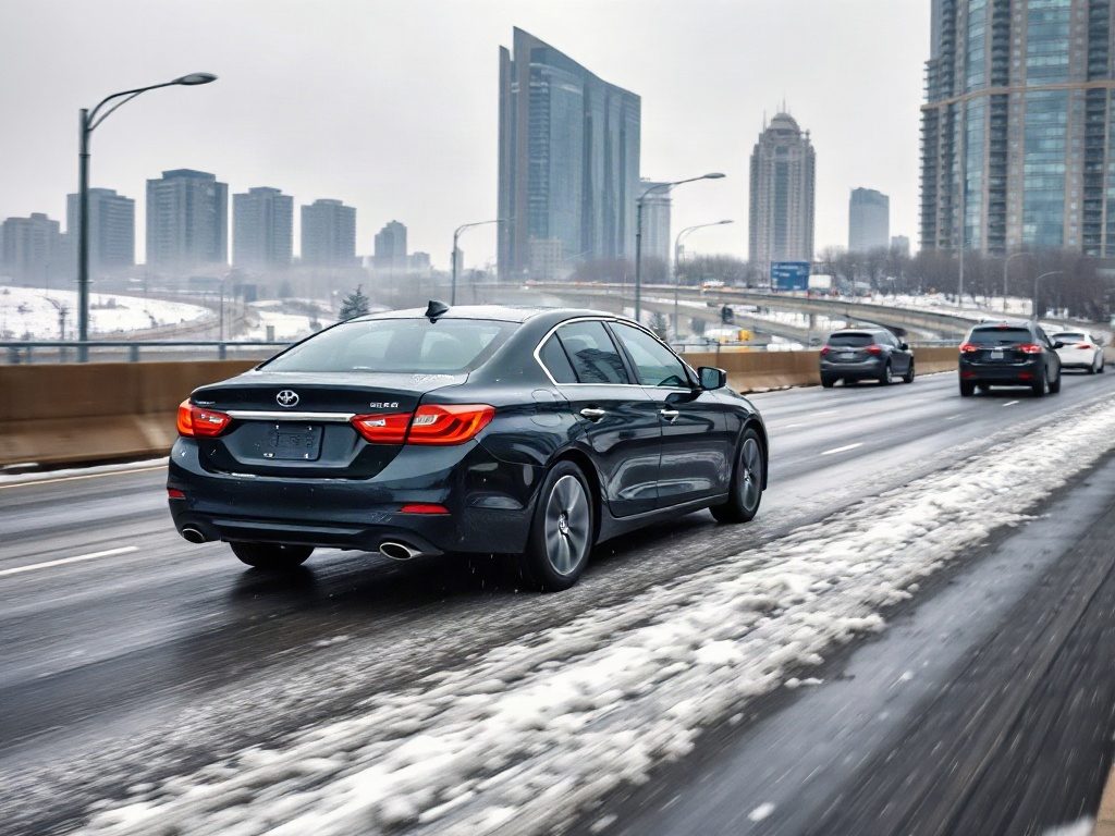 A black sedan navigating snowy lanes on the Gardiner Expressway during winter in Toronto.