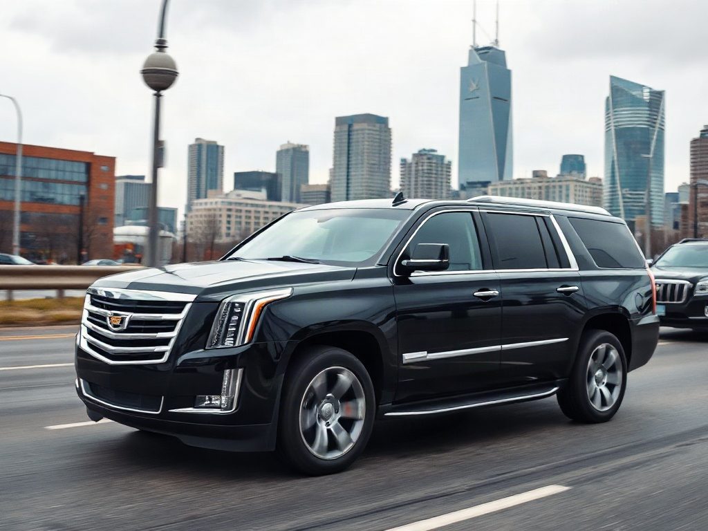 A black luxury SUV driving on a highway with a city skyline in the background