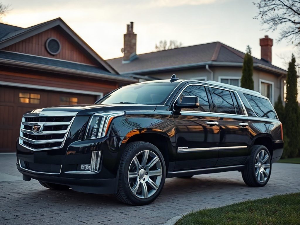 A black luxury SUV is parked on a stone paved driveway in front of a house