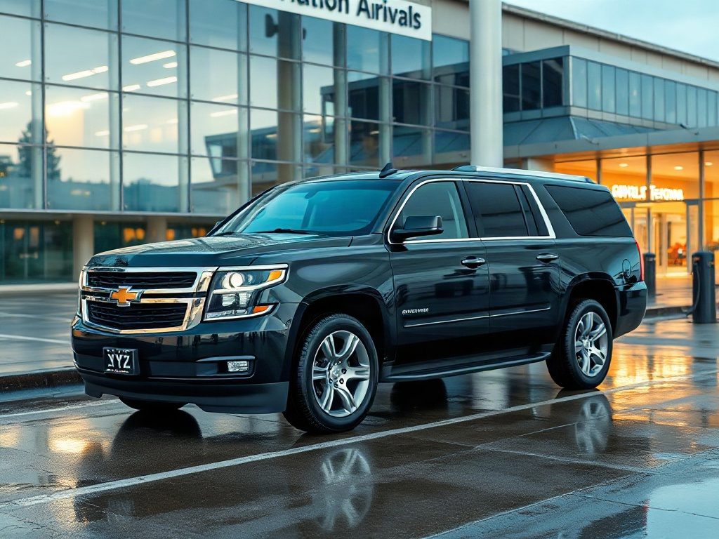 A black premium SUV parked at the arrivals terminal of a single Toronto Pearson International Airport (YYZ).