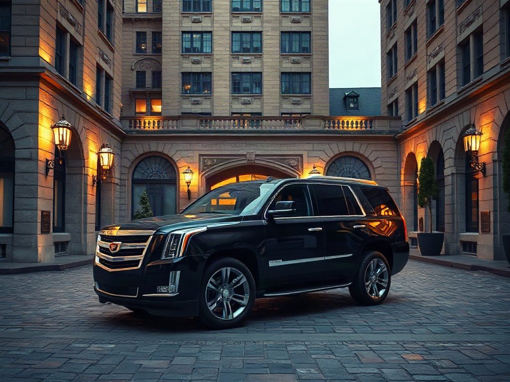 A black luxury SUV parked in the driveway of a single Fairmont Royal York in Toronto.