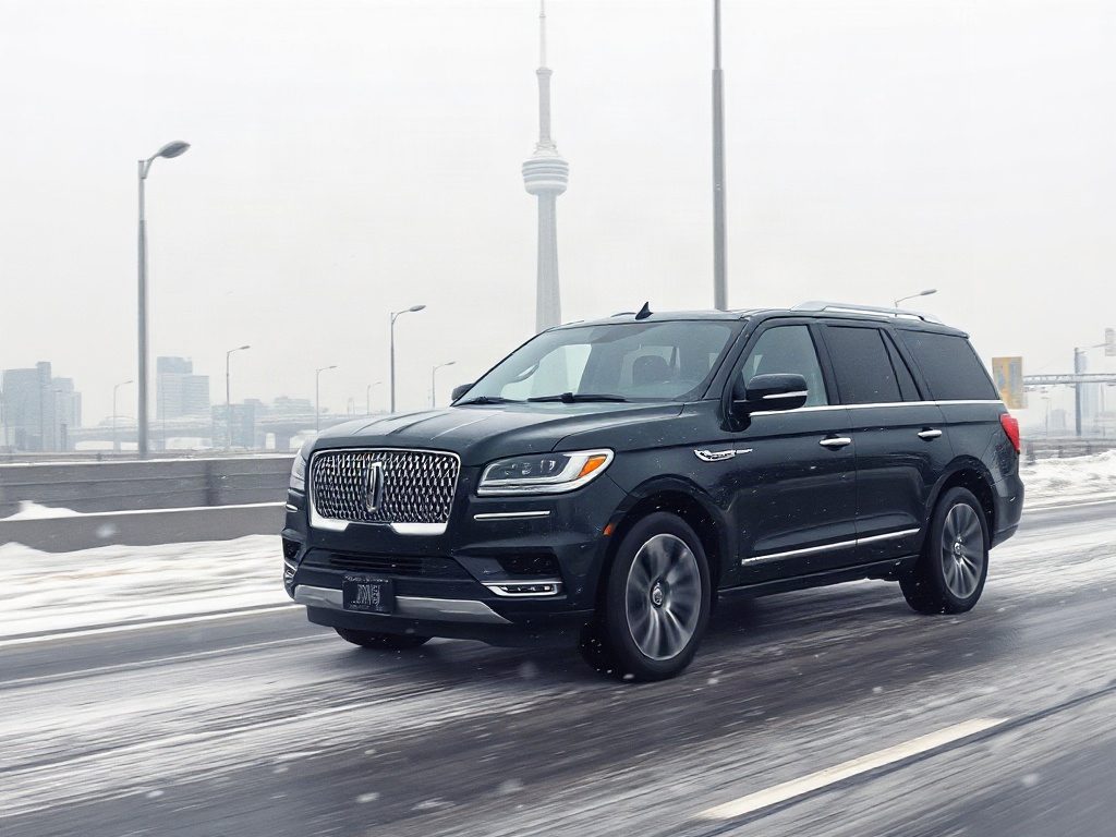 A black SUV driving on the snow-dusted Gardiner Expressway with a single CN Tower in the background.