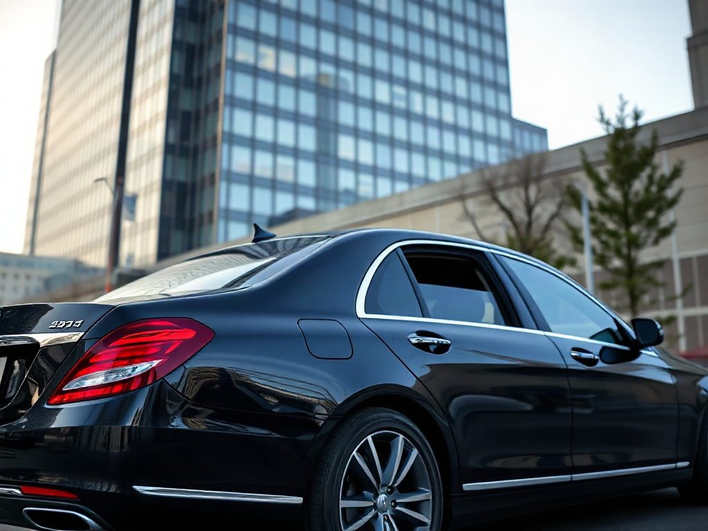 A black luxury sedan parked on the street in front of a modern glass office building