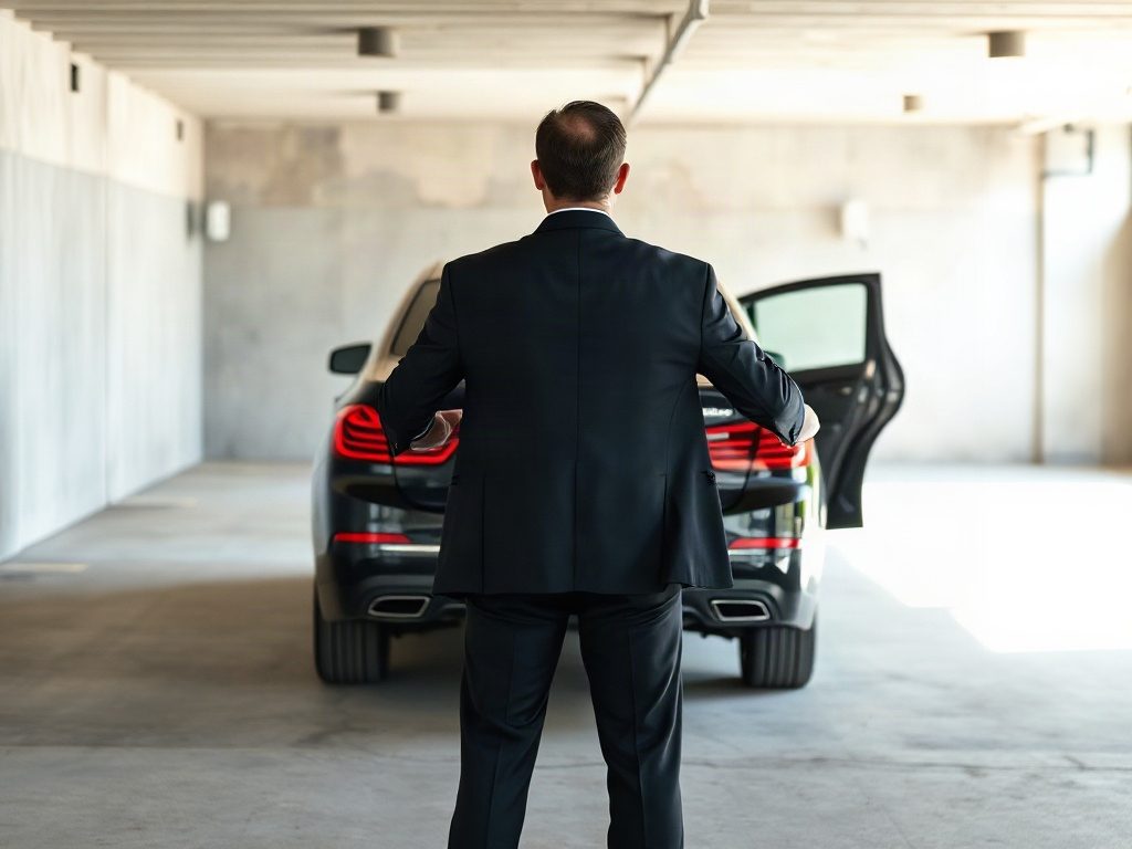 A man in a suit stands in a parking garage facing a black luxury sedan