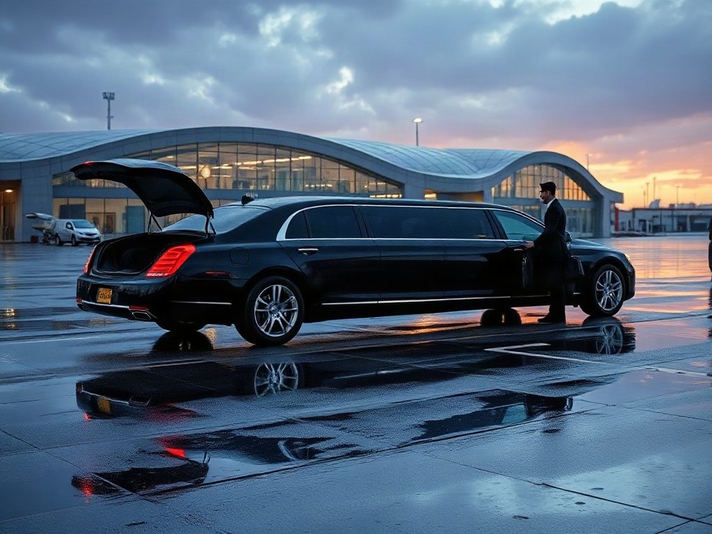 A black executive limousine parked at a single Toronto Pearson International Airport terminal curb.