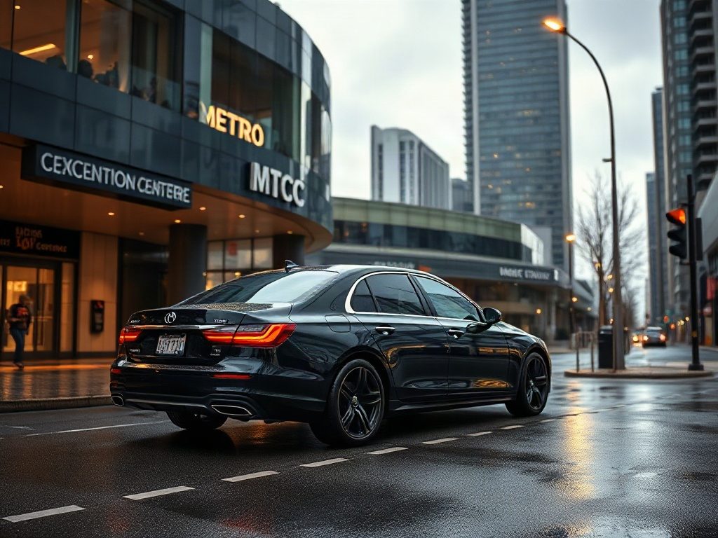 A black luxury sedan waiting outside a single Metro Toronto Convention Centre on wet pavement.
