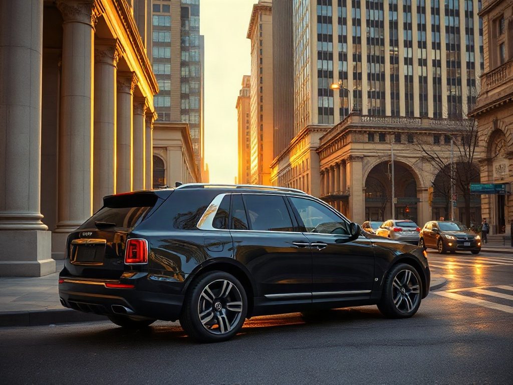 A black luxury SUV waiting outside a single Union Station in downtown Toronto during autumn.