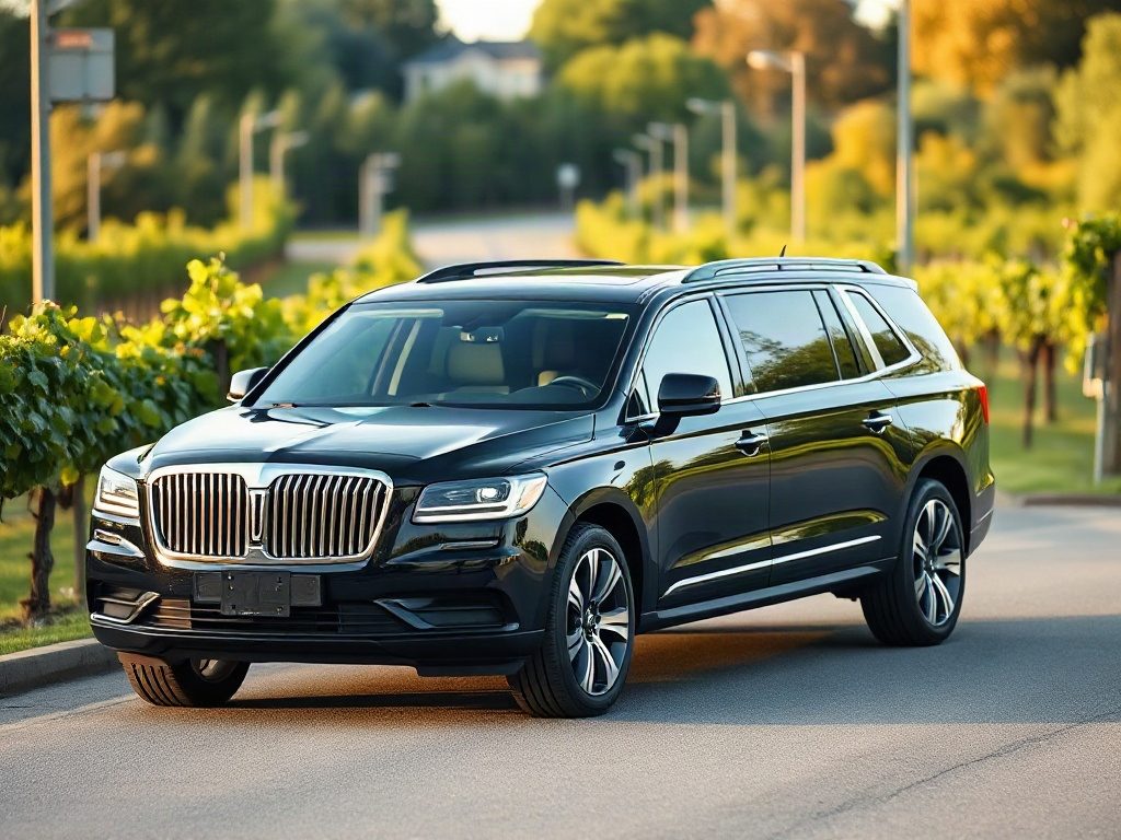 A black luxury SUV parked on a paved road beside a green vineyard at sunset