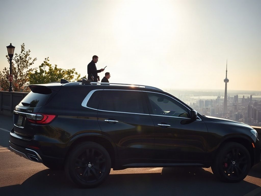 A black SUV parked at a scenic lookout with a city skyline and tower visible