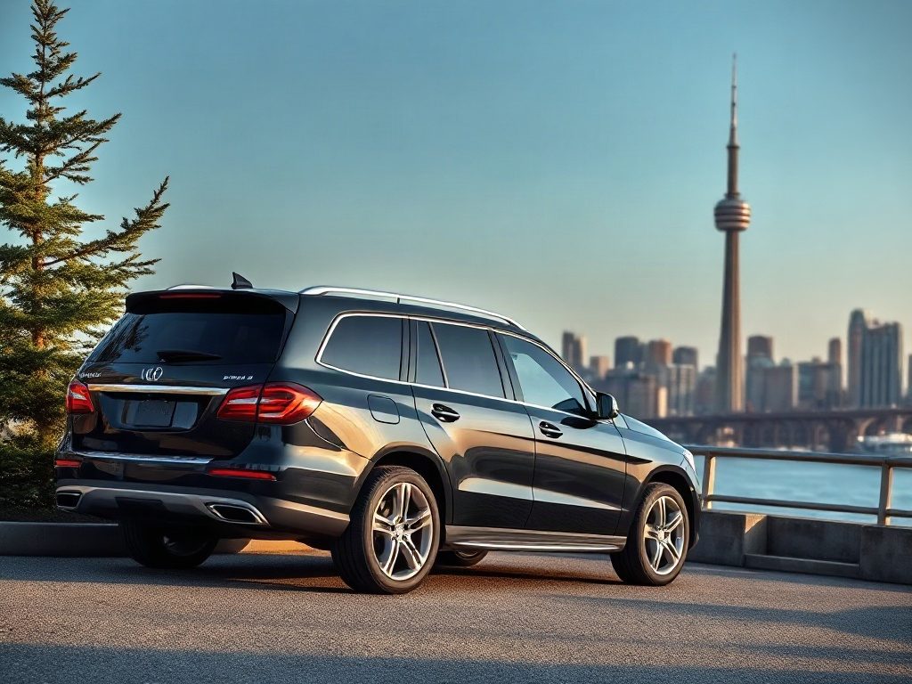 A black SUV parked by a waterfront with the CN Tower visible in the background