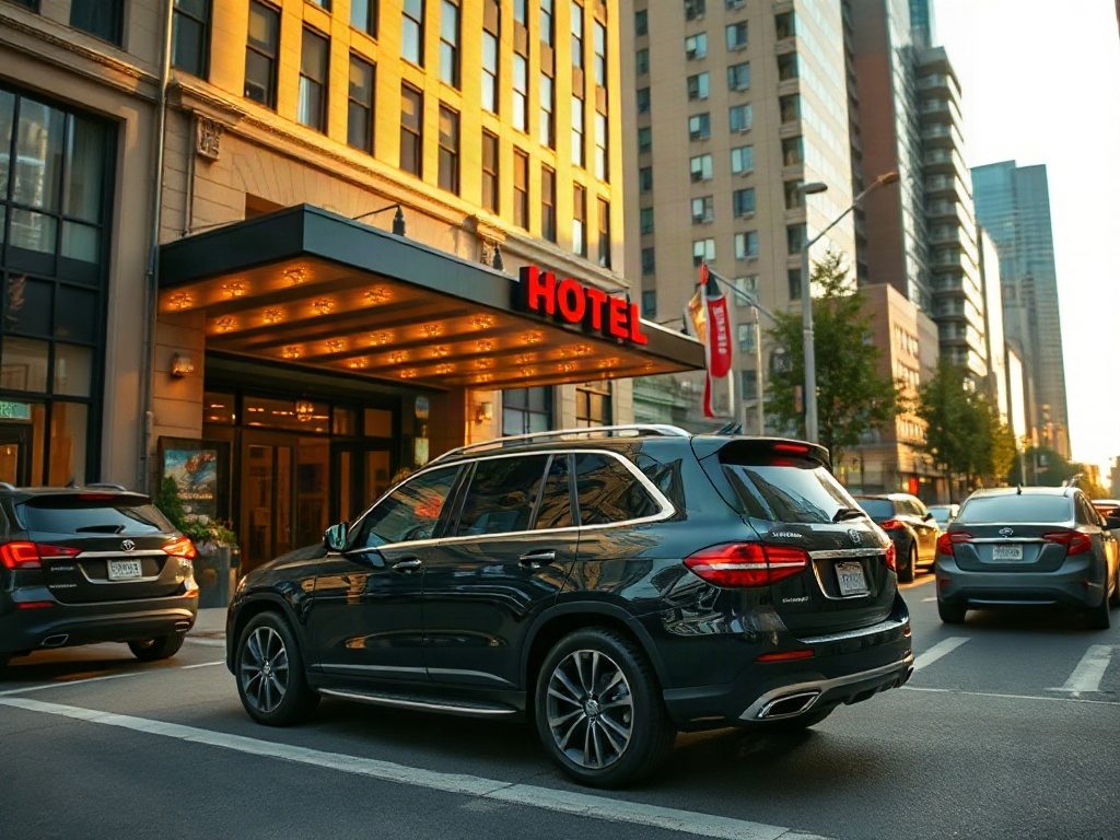 Black luxury SUV parked at a downtown Toronto hotel curb, awaiting passengers for a Niagara trip.