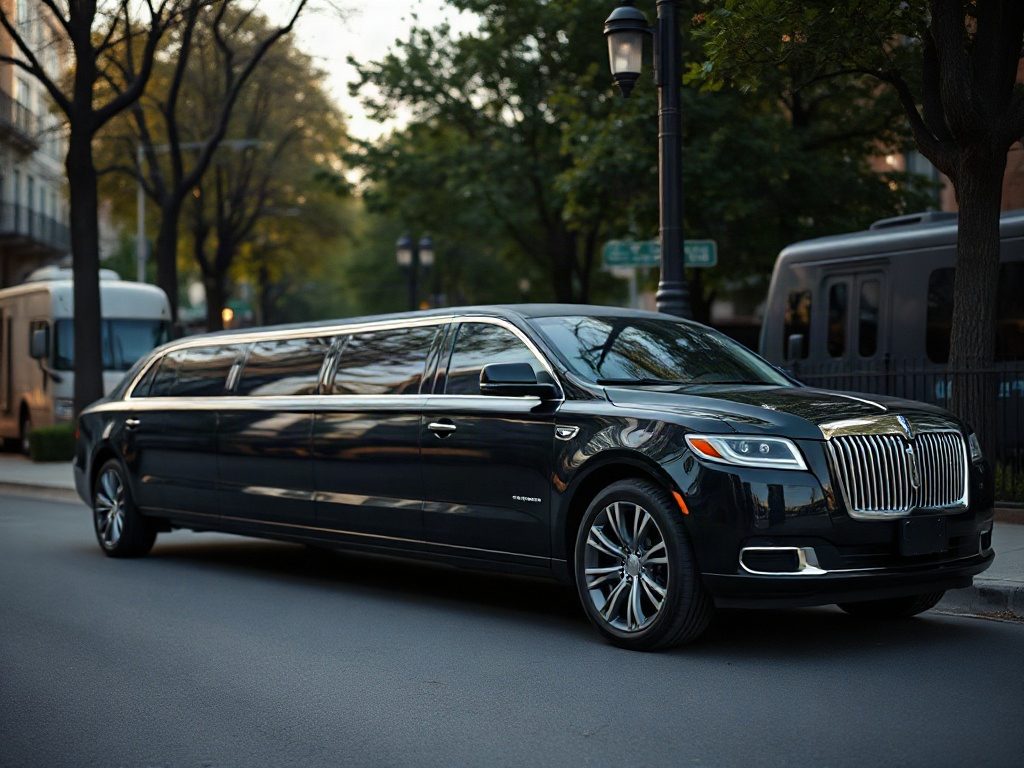 A luxury black limousine parked on a premium Yorkville street in Toronto, ready for private travel.