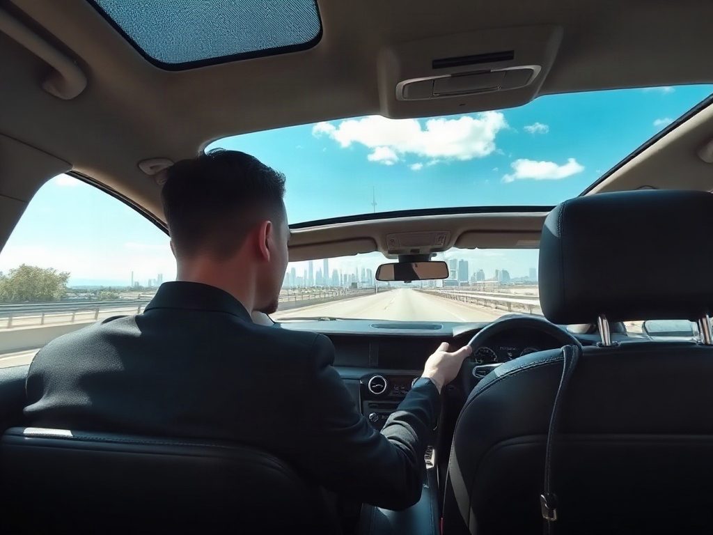 A luxury sedan driving along the QEW highway towards Niagara with the Toronto skyline in view.