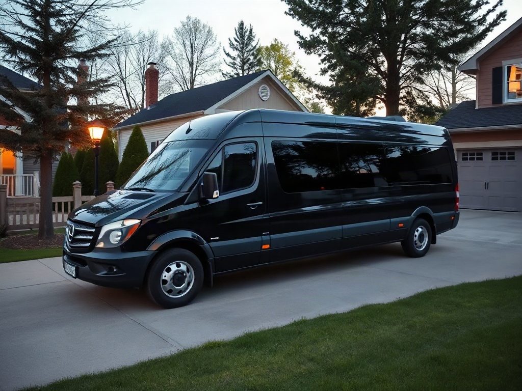 A black passenger van parked on a suburban concrete driveway at dusk near a house