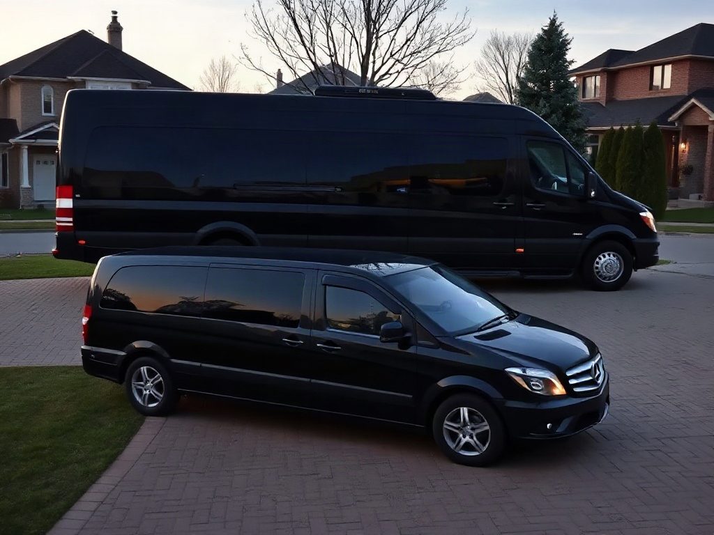 A black van and a black extended passenger van parked on a suburban brick driveway