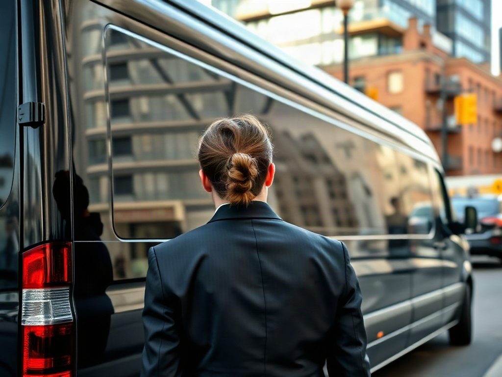 A chauffeur with a bun stands with their back to the camera beside a black van