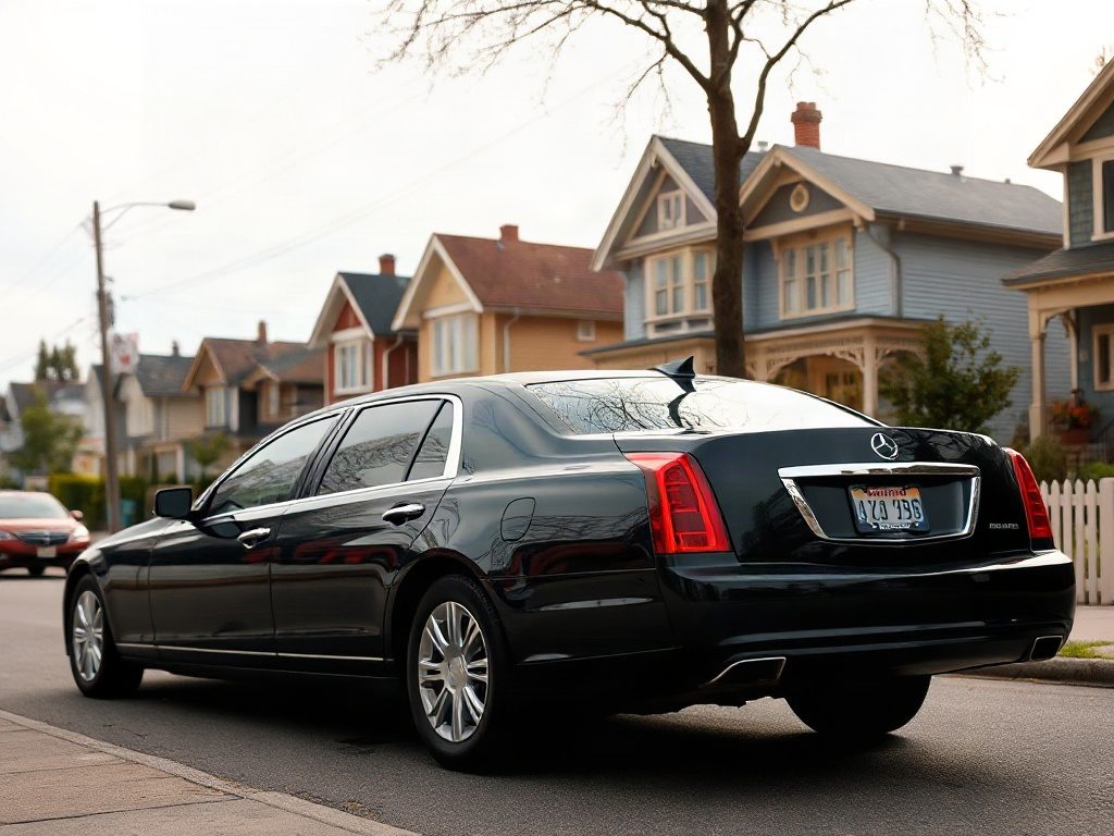 A black limousine parked on a quiet residential street with classic Toronto housing