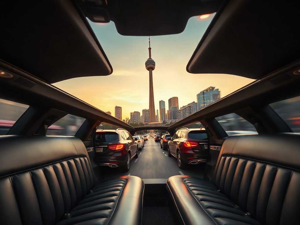 Interior view from a black limousine looking toward a single CN Tower in Toronto sunset