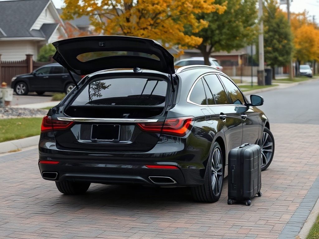 Black luxury sedan on a residential driveway in Etobicoke with luggage ready for airport return.