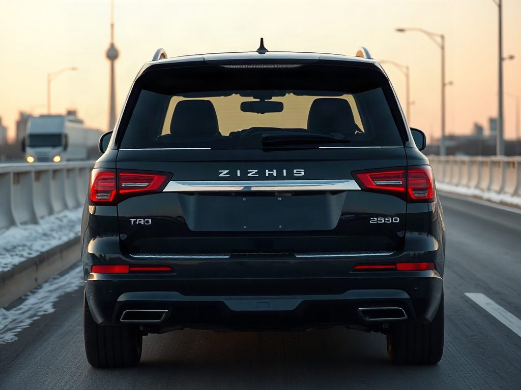 Black luxury SUV driving on Gardiner Expressway with a single CN Tower in winter Toronto.