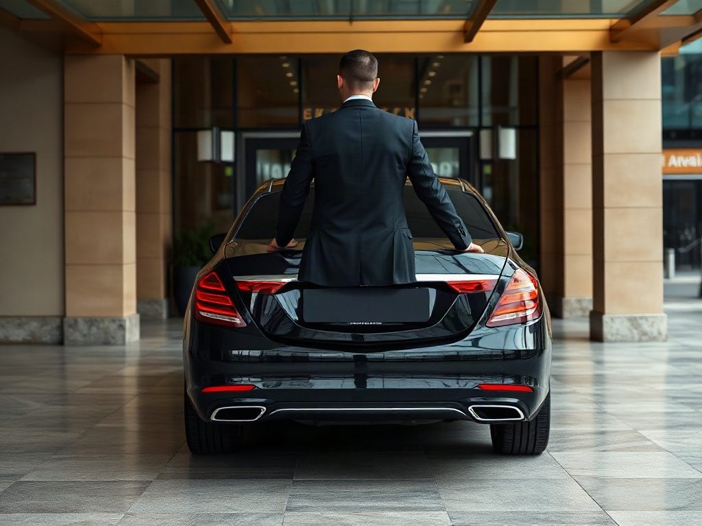 Suited chauffeur holding open the rear sedan door at Bay Adelaide Centre in Toronto