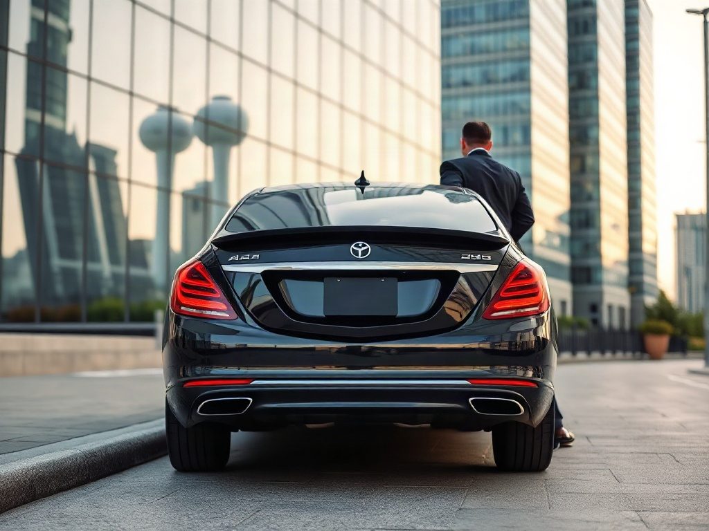 A black luxury sedan with a chauffeur holding the rear door at Brookfield Place Toronto