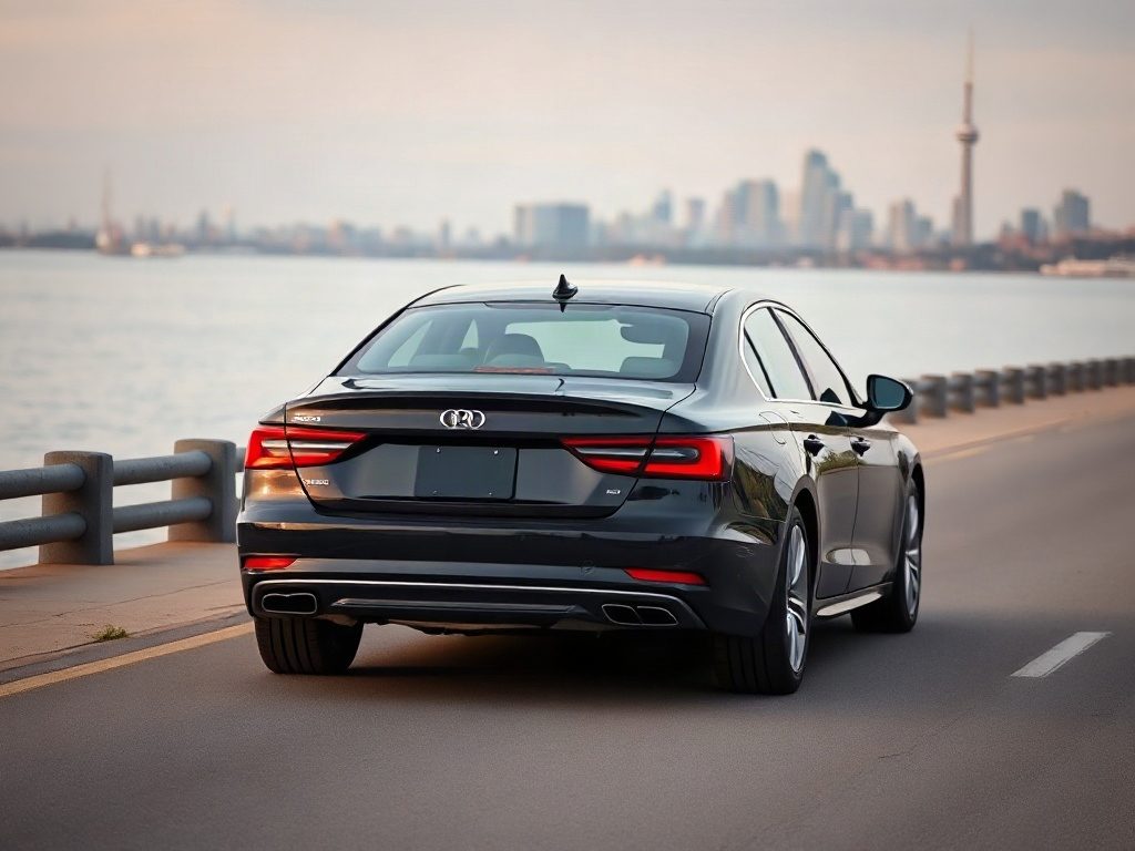 A black sedan driving on a coastal road with a city skyline in the background