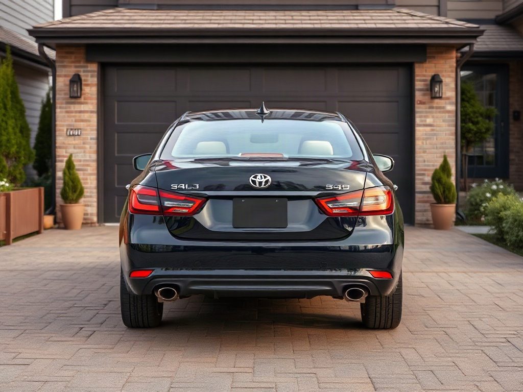 A black sedan is parked in a residential driveway in front of a closed garage