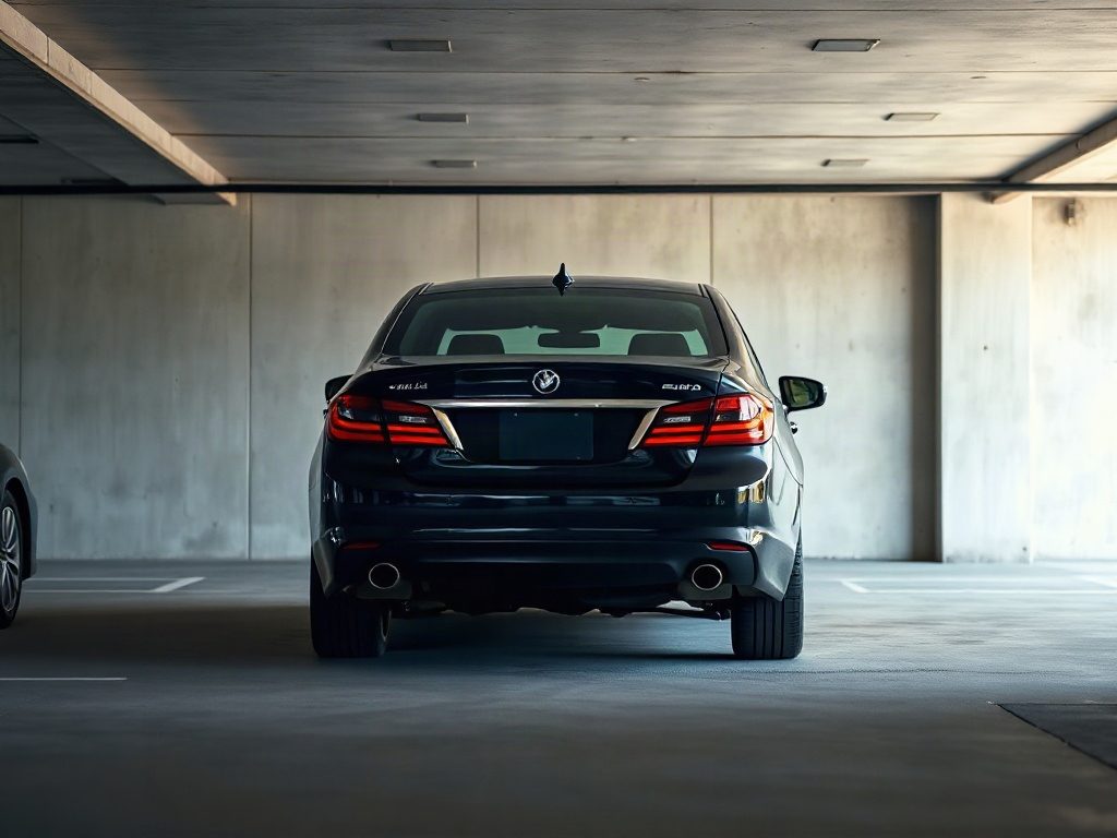 A black sedan parked in a clean indoor concrete parking garage with overhead lighting