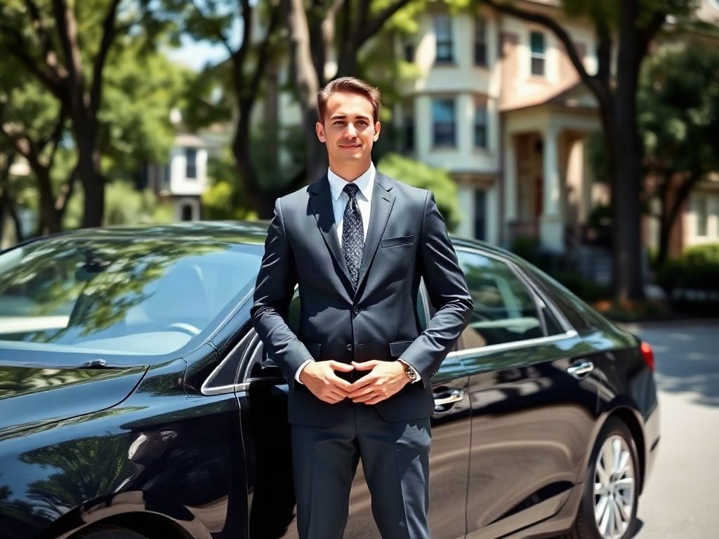 A professional chauffeur standing by a luxury sedan on a residential street in Toronto's Yorkville.