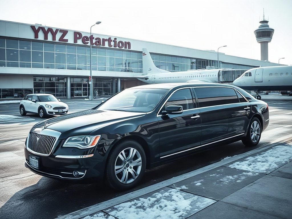 A black luxury limousine waiting at the Toronto Pearson International Airport terminal in snowy weather.