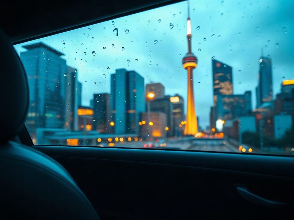 View of the Toronto Financial District skyline from inside a professional limousine at night.