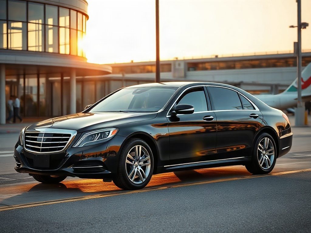A black luxury sedan is parked at an airport terminal entrance during a golden sunset