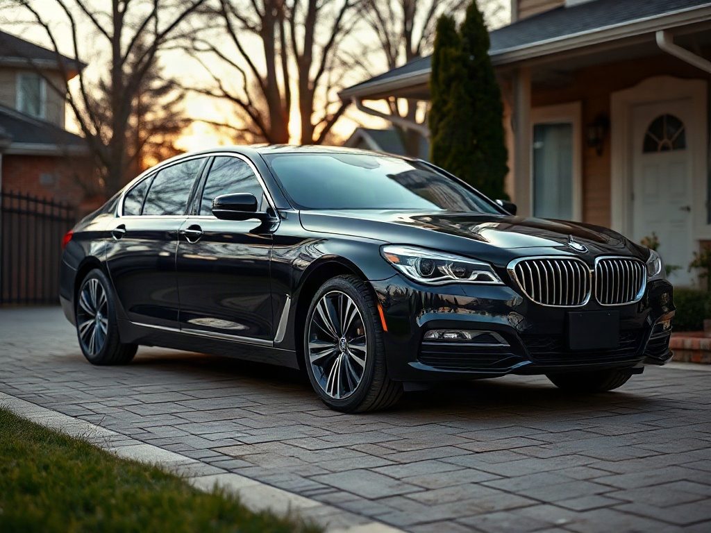 A black luxury sedan is parked on a paved driveway in front of a house
