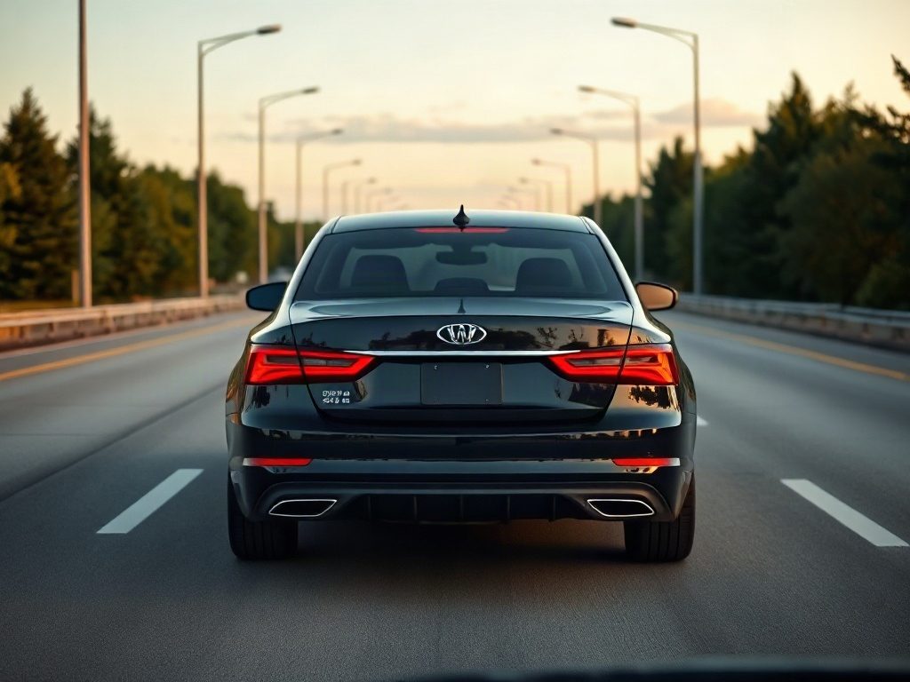 A black sedan driving down an empty highway during sunset with trees lining the sides