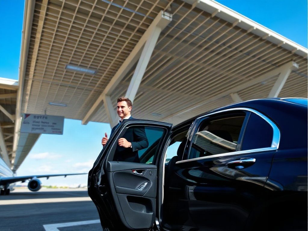 A chauffeur waiting by a luxury sedan at the Toronto Pearson International Airport arrival terminal.