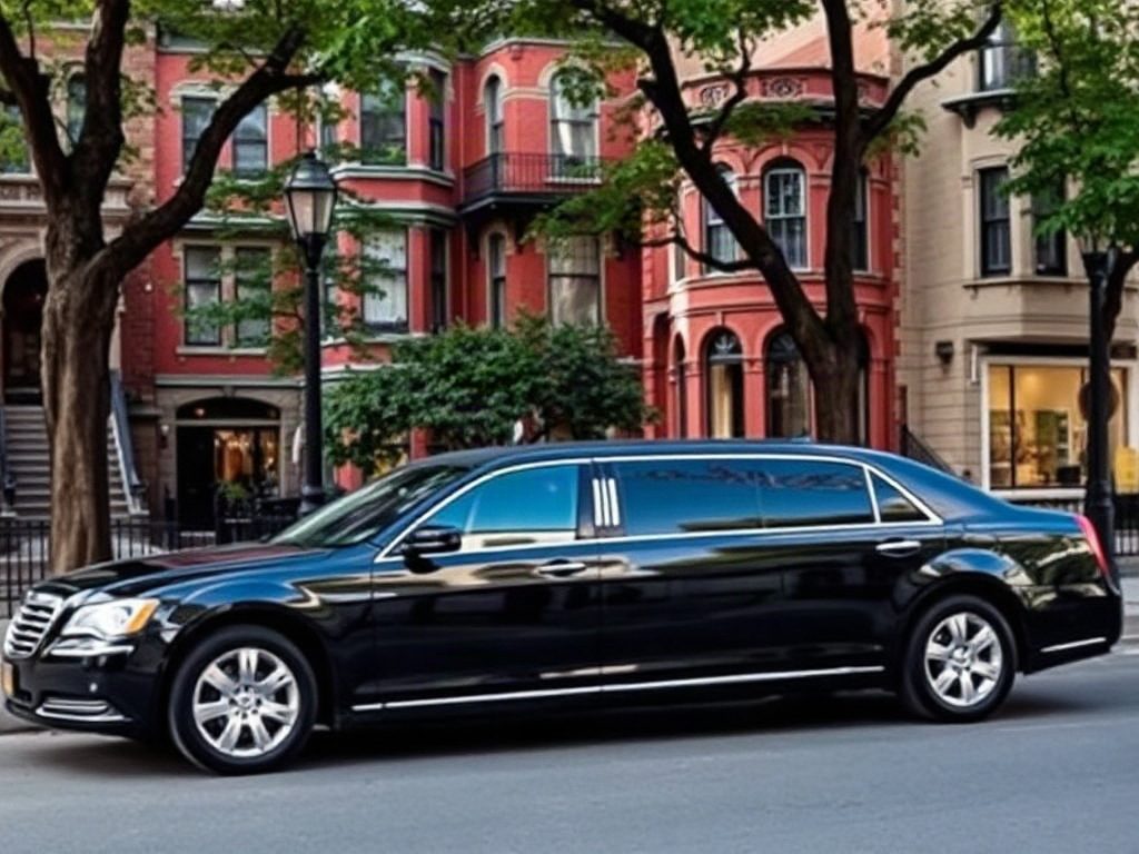 A black luxury limousine parked on a quiet street in the upscale Yorkville neighborhood of Toronto.