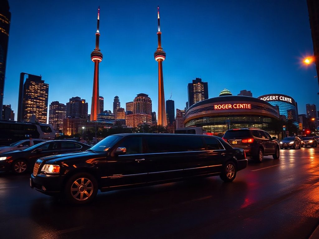 A luxury stretch limousine driving through downtown Toronto with the CN Tower in the background.