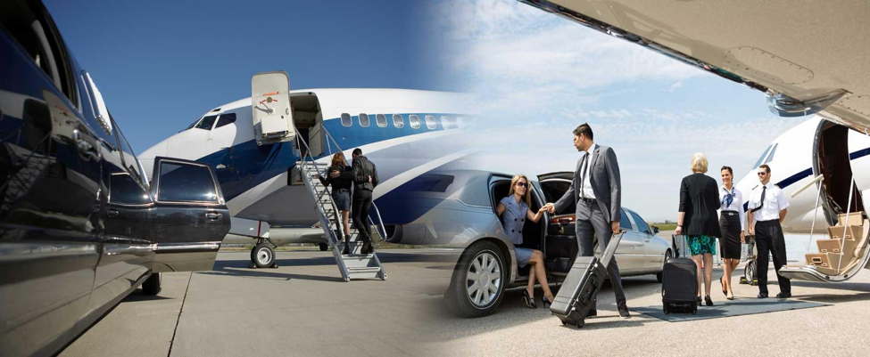 Chauffeur helping a traveller into a limousine beside a jet at the airport